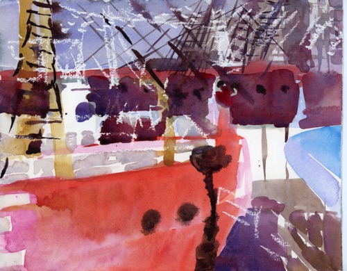 Boats: South Street Seaport (sold); 
Watercolor and Oil Pastel, 2012; 
8.5 x 10.75 in.