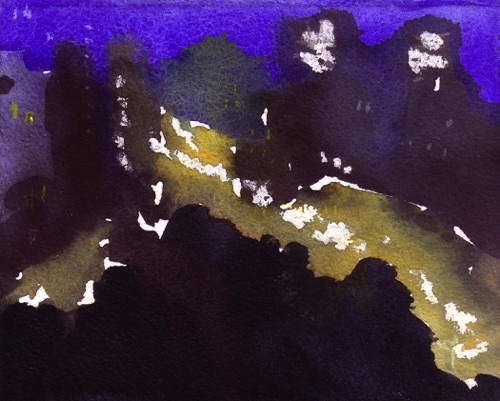 Bowery Street, Night; 
Watercolor and Oil Pastel, 2011; 
6 x 7 in.