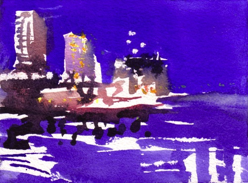 Hudson River Night; 
Watercolor and Oil Pastel, 2011; 
5 x 7 in.