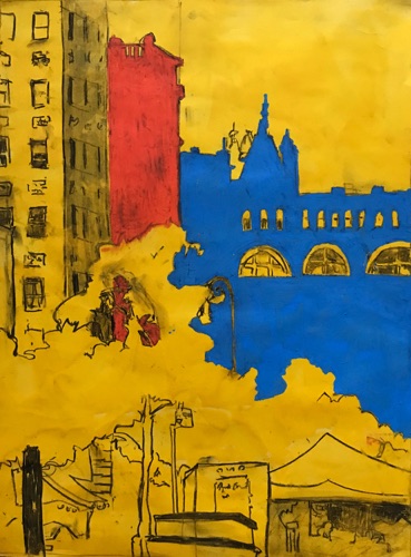 Union Square Red Yellow Blue;
 watercolor charcoal oil pastel on paper, 24 x 18"